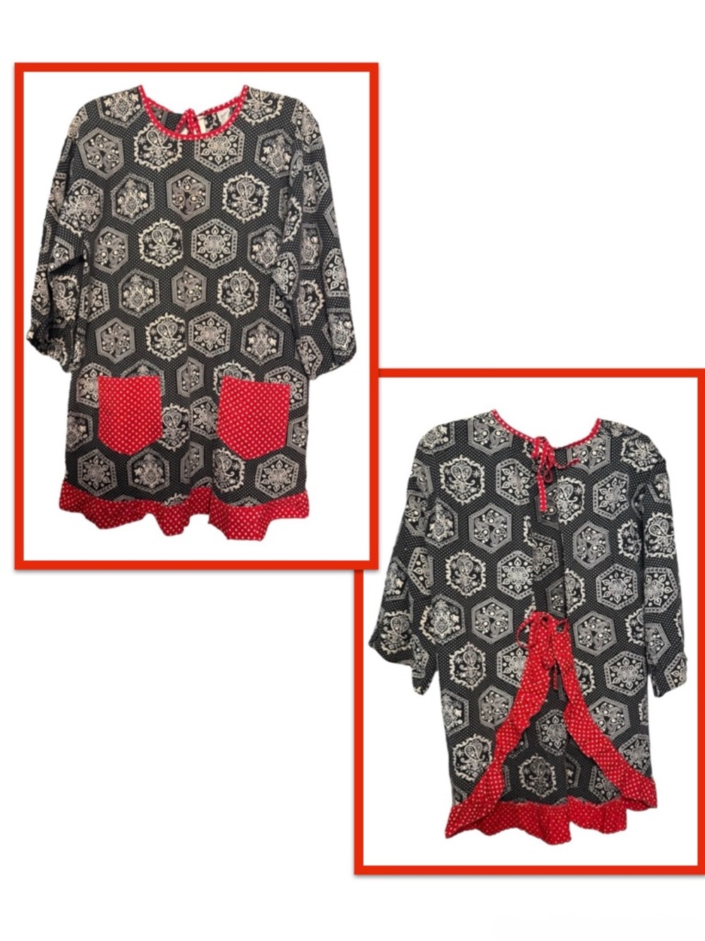 Vintage 60s Smock Top Black Red Polka Dot Trim Pockets Folk Prairie Tunic L